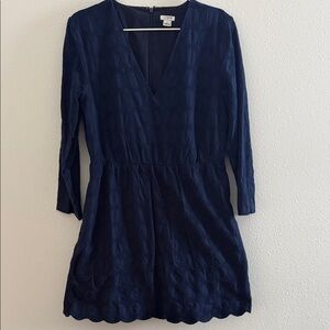 J. Crew Navy Textured V-Neck 3/4 Sleeve Mini dress with scalloped hem